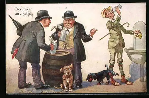 AK Bayern trinken Bier, Dünner Mann trinkt Wasser und wird vom Dackel angepinkelt