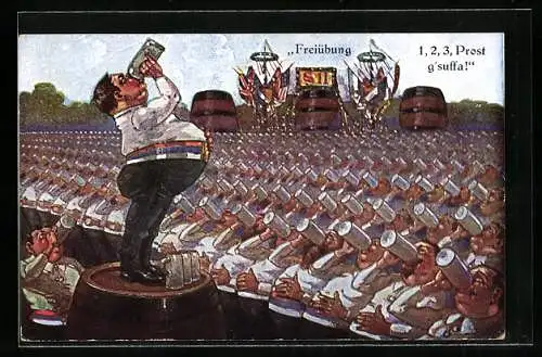 AK Biertrinker bei einer Freiübung, 1 - 2 - 3 gsuffa!