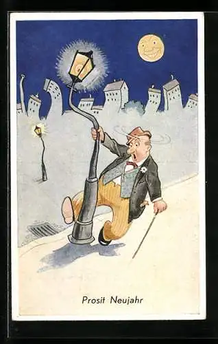 AK Prosit Neujahr, betrunkener Mann hält sich an Strassenlaterne fest