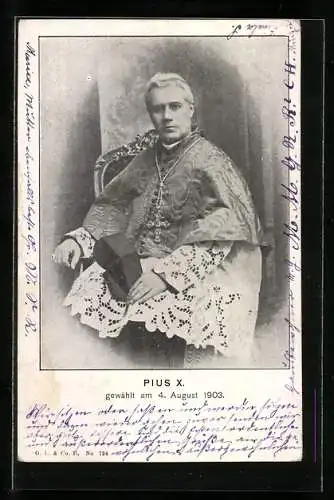 AK Papst Pius X. im Stuhl sitzend, gewählt 1903