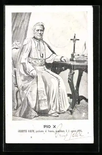 AK Papst Pius X. sitzt am Schreibtisch