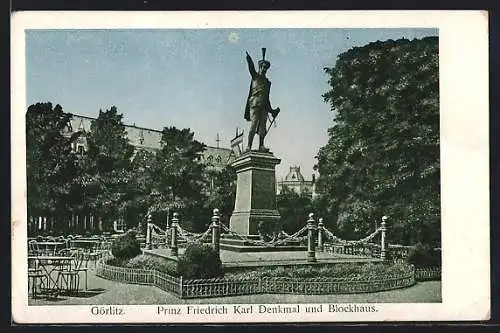 AK Görlitz, Prinz Friedrich Karl-Denkmal und Cafe Blockhaus