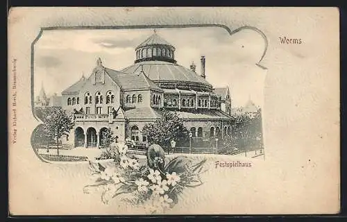 AK Worms, Festspielhaus, Blumen, Passepartout