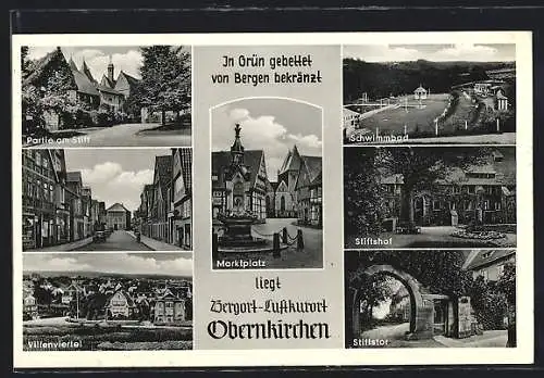 AK Obernkirchen, Strassenpartie mit Geschäften, Villenviertel, Schwimmbad