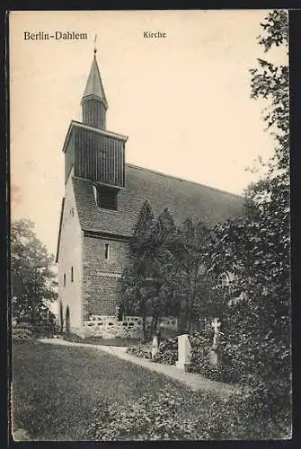 AK Berlin-Dahlem, Kirche mit Friedhof