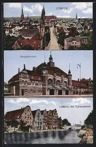 AK Lübeck, Totalansicht, Hauptbahnhof, Alte Travenspeicher