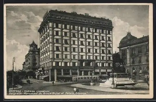 AK Belgrade, Monument du Prince Michel et Palais Réunion, Strassenbahn