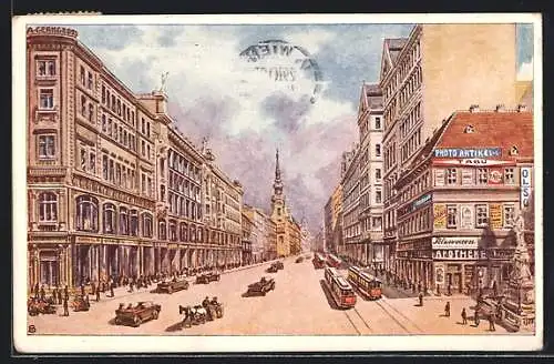 Künstler-AK Wien, Mariahilferstrasse mit Geschäften, Haydn-Denkmal und Strassenbahn