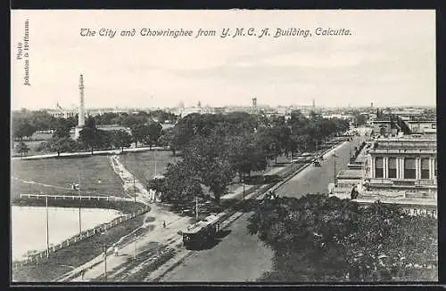 AK Calcutta, The City and Chowringhee from Y. M. C. A. Building, Strassenbahn