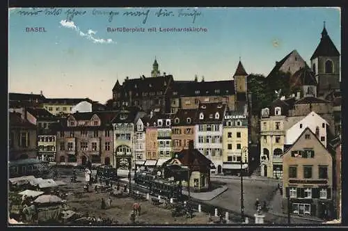 AK Basel, Barfüsserplatz mit Leonhardskirche