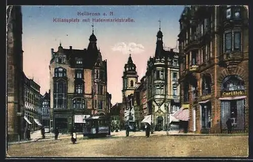 AK Heilbronn a. N., Kiliansplatz und Hafenmarktstrasse mit Geschäft und Strassenbahn