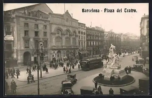 AK Barcelona, Plaza del Teatro, Strassenbahn