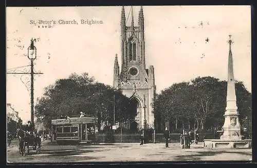 AK Brighton, St. Peter`s Church, Strassenbahn