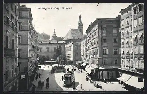 AK Salzburg, Ludwig Viktor-Platz mit Geschäften und Strassenbahn