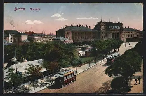 AK Brünn / Brno, Nádrazí, Blick zum Bahnhof, Strassenbahn