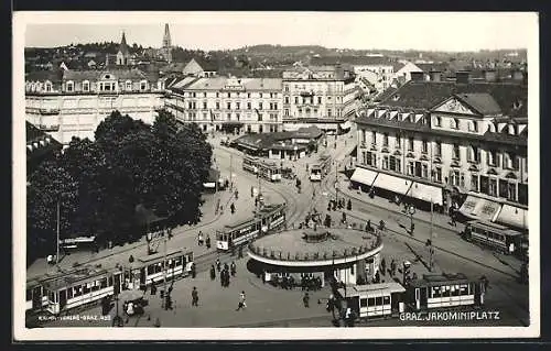 AK Graz, Strassenbahnen am Jakominiplatz