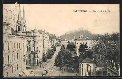 AK Salzburg, Westbahnstrasse mit Strassenbahn von oben gesehen