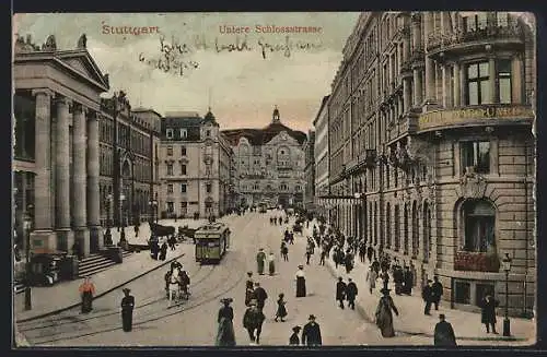 AK Stuttgart, Untere Schlossstrasse mit Strassenbahn