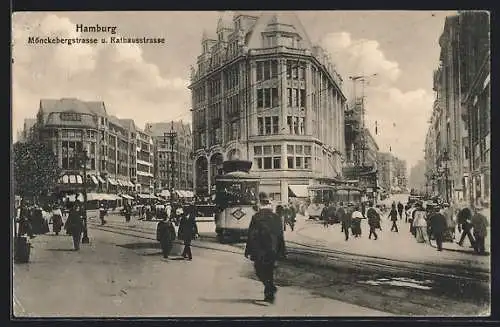 AK Hamburg, Mönckebergstrasse und Rathausstrasse mit Strassenbahn