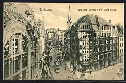 AK Hamburg, Grosser Burstah mit Gertighaus und Strassenbahnen