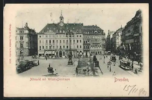 AK Dresden, Altmarkt und Wilsdrufferstrasse mit Geschäften und Strassenbahn
