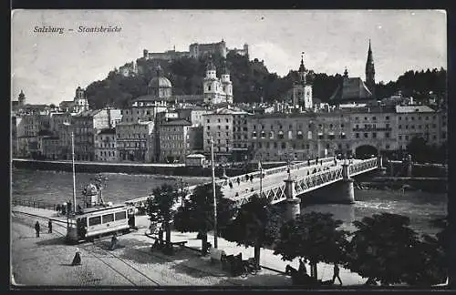AK Salzburg, Die Staatsbrücke mit Strassenbahn