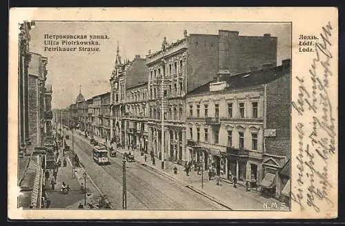 AK Lodz, Petrikauer Strasse mit Strassenbahn