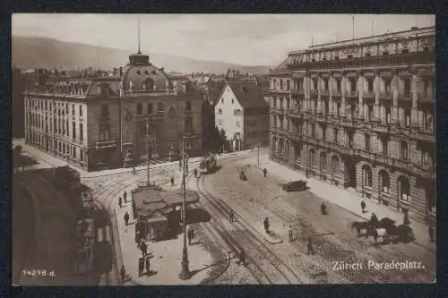 AK Zürich, Paradeplatz mit Strassenbahn
