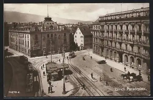AK Zürich, Paradeplatz aus der Vogelschau, Strassenbahn