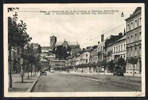AK Liége, boulevard de la Sauveniére et basilique Saint-Martin, Strassenbahn