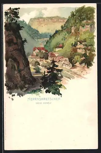 Lithographie Herrnskretschen / Hrensko, Blick auf das Dorf in der Sächs. Schweiz