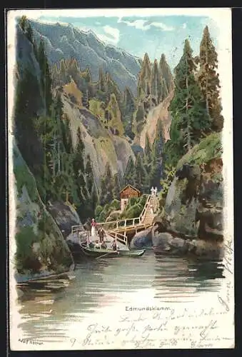 Lithographie Edmundsklamm, Bootsfahrt durch die Klamm