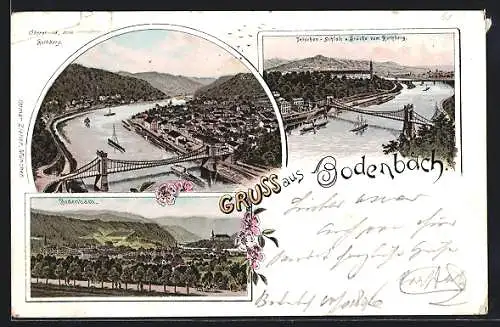 Lithographie Tetschen-Bodenbach / Decin, Schloss u. Brücke vom Rotberg, Obergrund vom Rotberg, Bodenbach