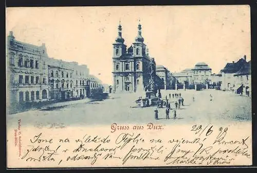 AK Dux / Duchcov, Platz an der Kirche