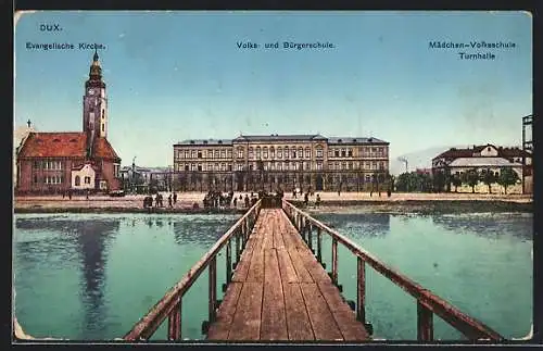 AK Dux-Duchcov, Evangelische Kirche, Volks- und Bürgerschule, Mädchen-Volksschule, Turnhalle