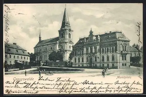 AK Georgswalde, Marktplatz mit Stadtamt und Kirche