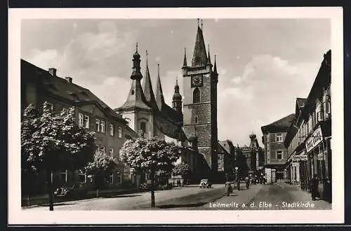 AK Leitmeritz-Litomerice a.d.Elbe, Stadtkirche, Automobile, Geschäfte