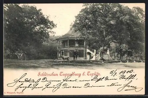 AK Tuppelburg b. Teplitz, Schlösschen Tuppelburg mit Elch und Reh