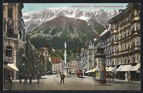 AK Innsbruck, Maria Theresienstrasse mit Strassenbahn, Cafe und Litfasssäule