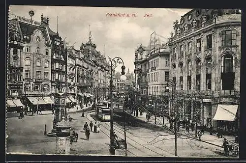 AK Frankfurt a. M., Zeil mit Geschäften und Strassenbahn