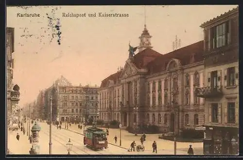 AK Karlsruhe, Kaiserstrasse mit Reichspost und Strassenbahn