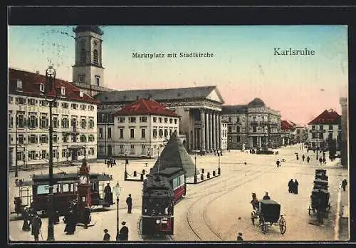 AK Karlsruhe, Marktplatz mit Stadtkirche und Strassenbahn