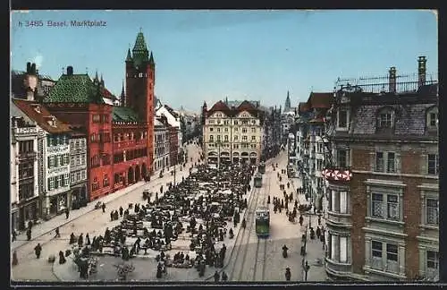 AK Basel, Strassenbahn auf dem Marktplatz