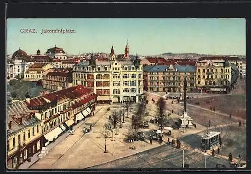 AK Graz, Jakominiplatz mit Denkmal und Strassenbahn