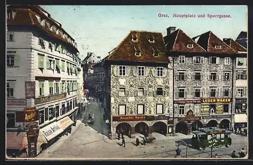 AK Graz, Hauptplatz und Strasse Sporrgasse mit Geschäften und Strassenbahn