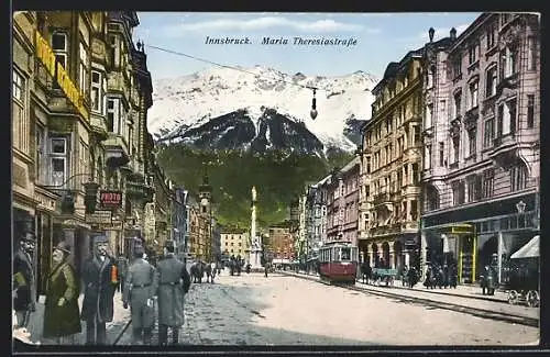 AK Innsbruck, Strassenbahn in der Maria Theresienstrasse