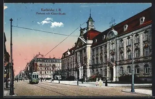 AK Karlsruhe, Kaiserstrasse mit Strassenbahn und Postamt