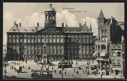 AK Amsterdam, Koninklijk Paleis & Dam, Strassenbahn