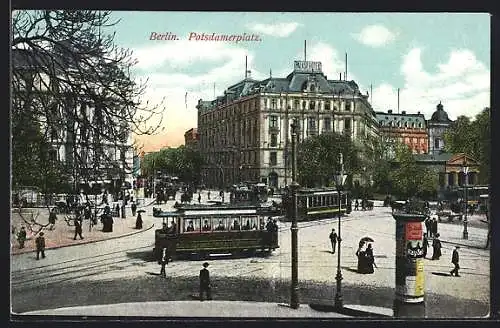 AK Berlin, Strassenbahnen auf dem Potsdamerplatz