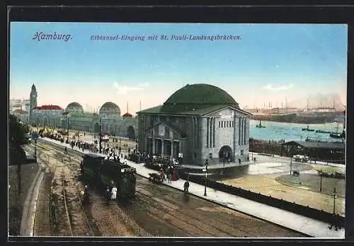 AK Hamburg-St. Pauli, Elbtunnel-Eingang mit St. Pauli-Landungsbrücken, Strassenbahn